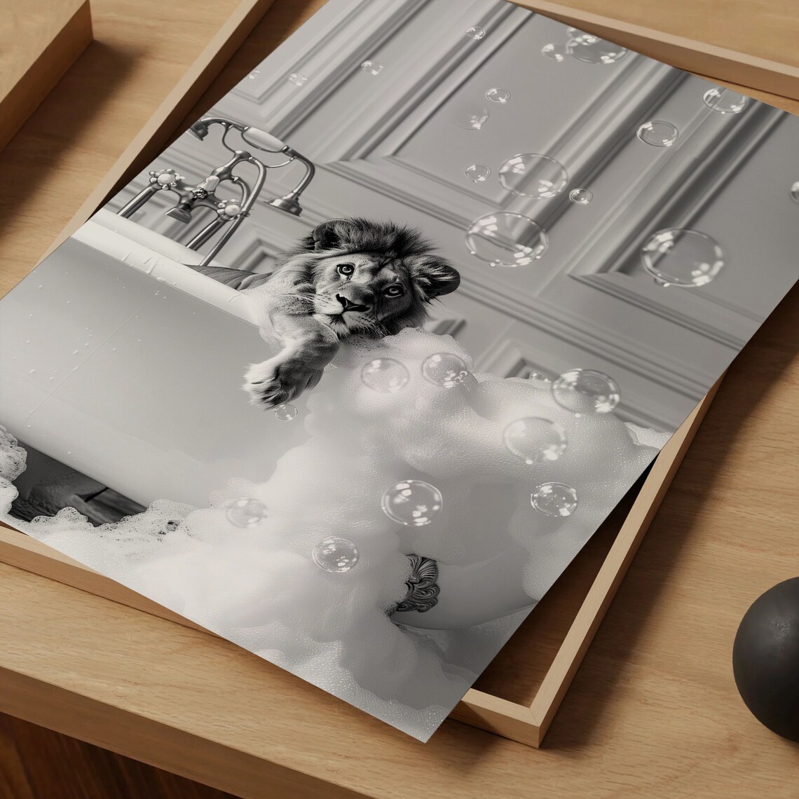 Lion Bubble Bath Black and White Funny Animal Bathroom Poster - Image 5