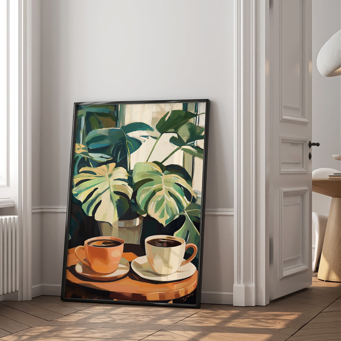 Two Coffee Cups Monstera Leaves Botanical Painting Art Poster - Image 2