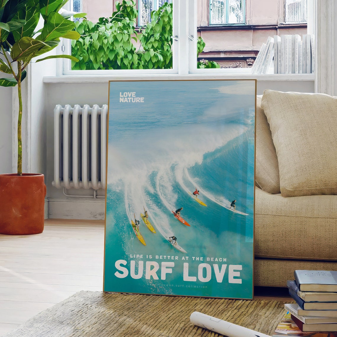 Surf Love Aerial Big Wave Surfers Turquoise Ocean Beach Poster - Image 5