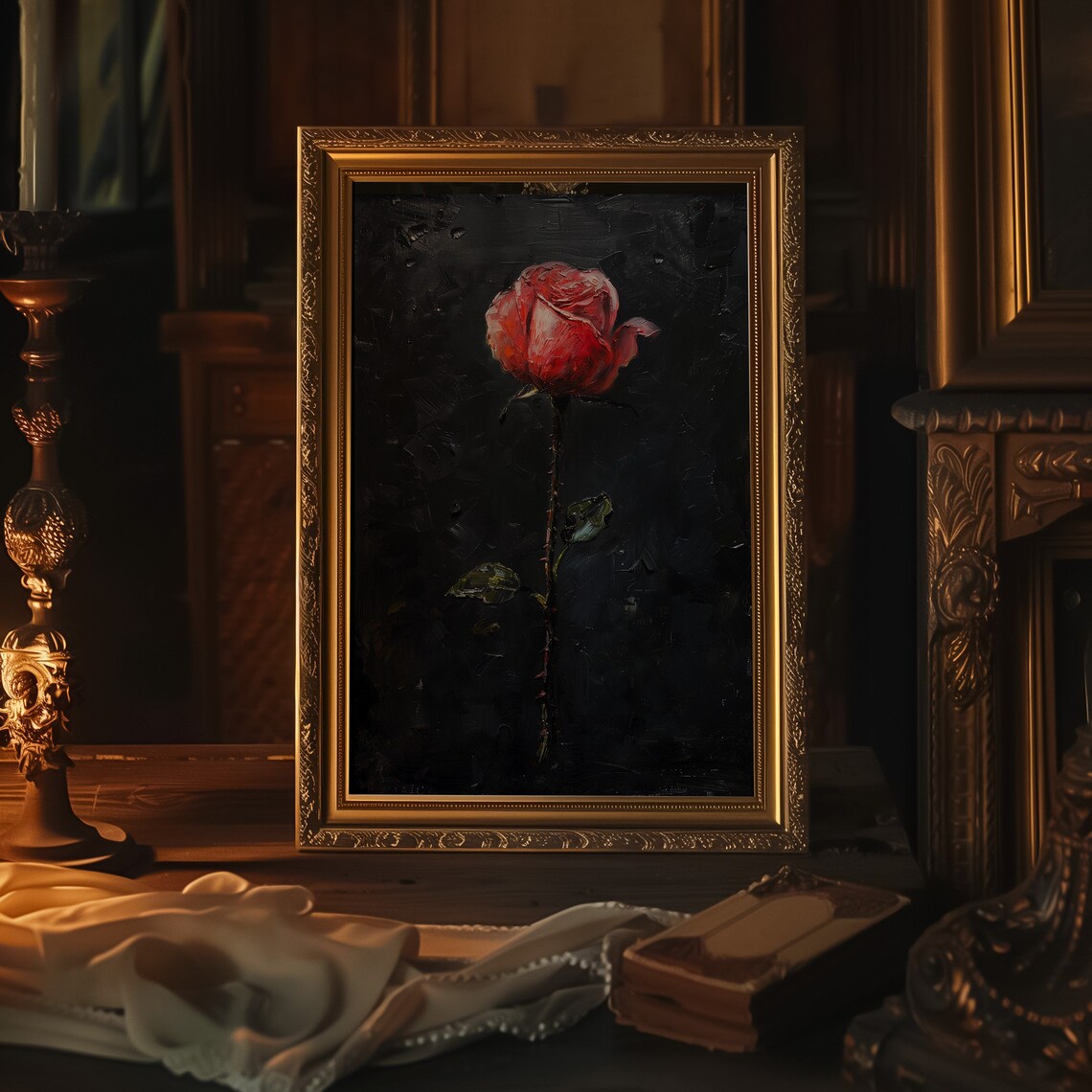 Dark Romance Red Rose Oil Painting Single Bloom Black Art Poster - Image 3