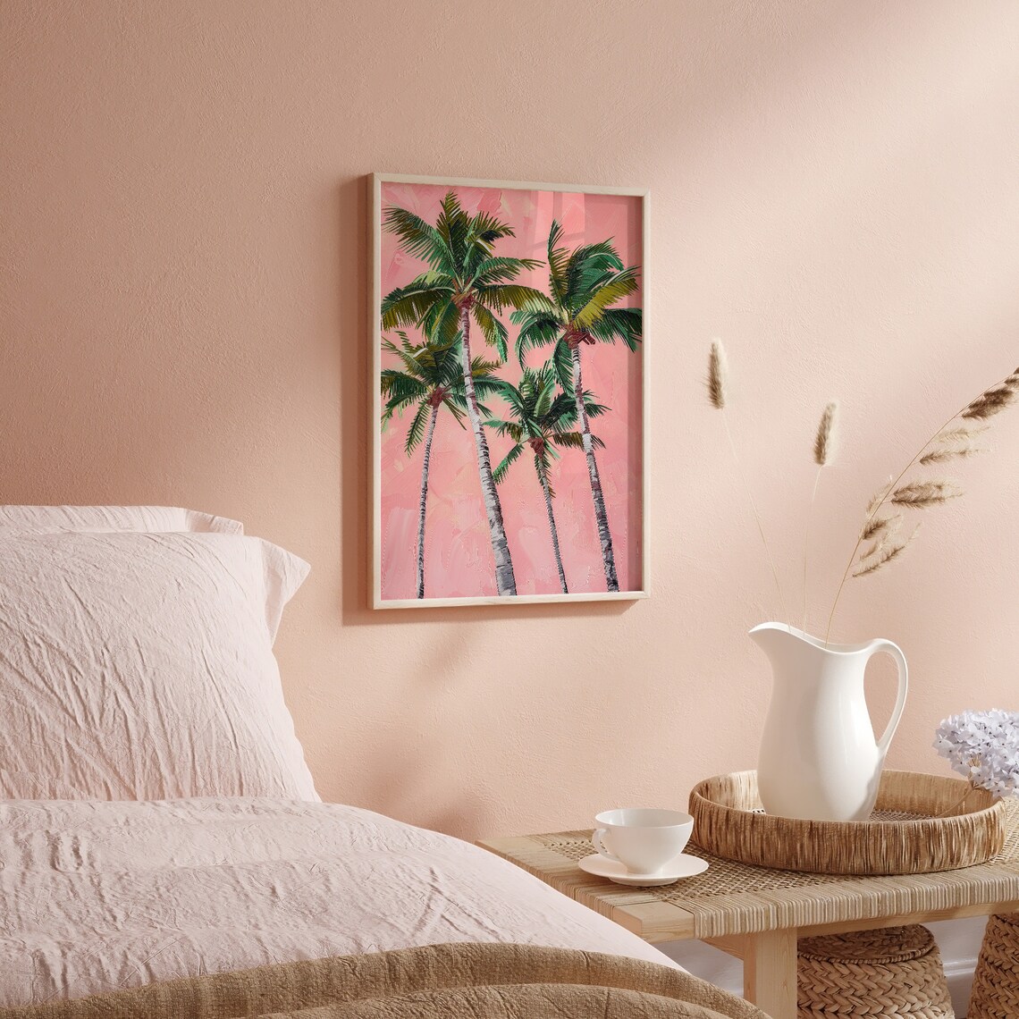 Pink Palm Trees Oil Painting Green Fronds Tropical Coastal Wall Art - Image 4