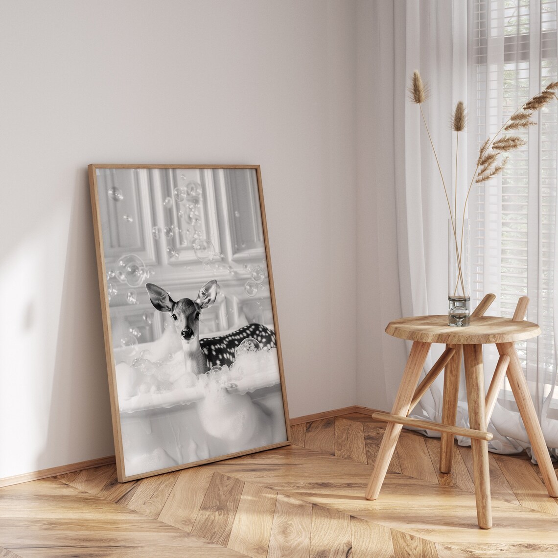 Spotted Fawn Deer Bubble Bath Black and White Cute Animal Art Poster - Image 3