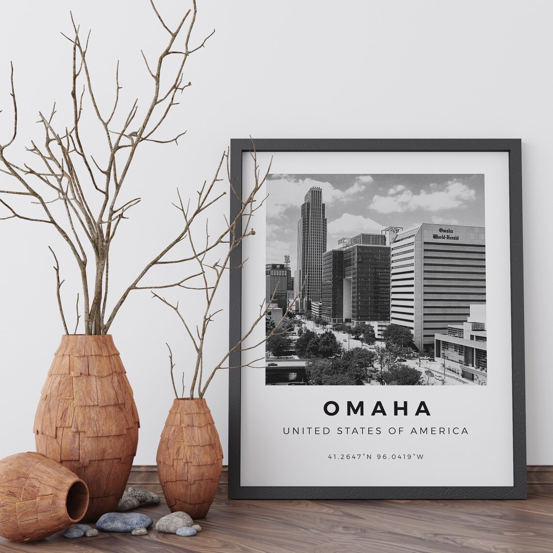 Omaha Nebraska Black and White Downtown Skyline Coordinates Poster - Image 5