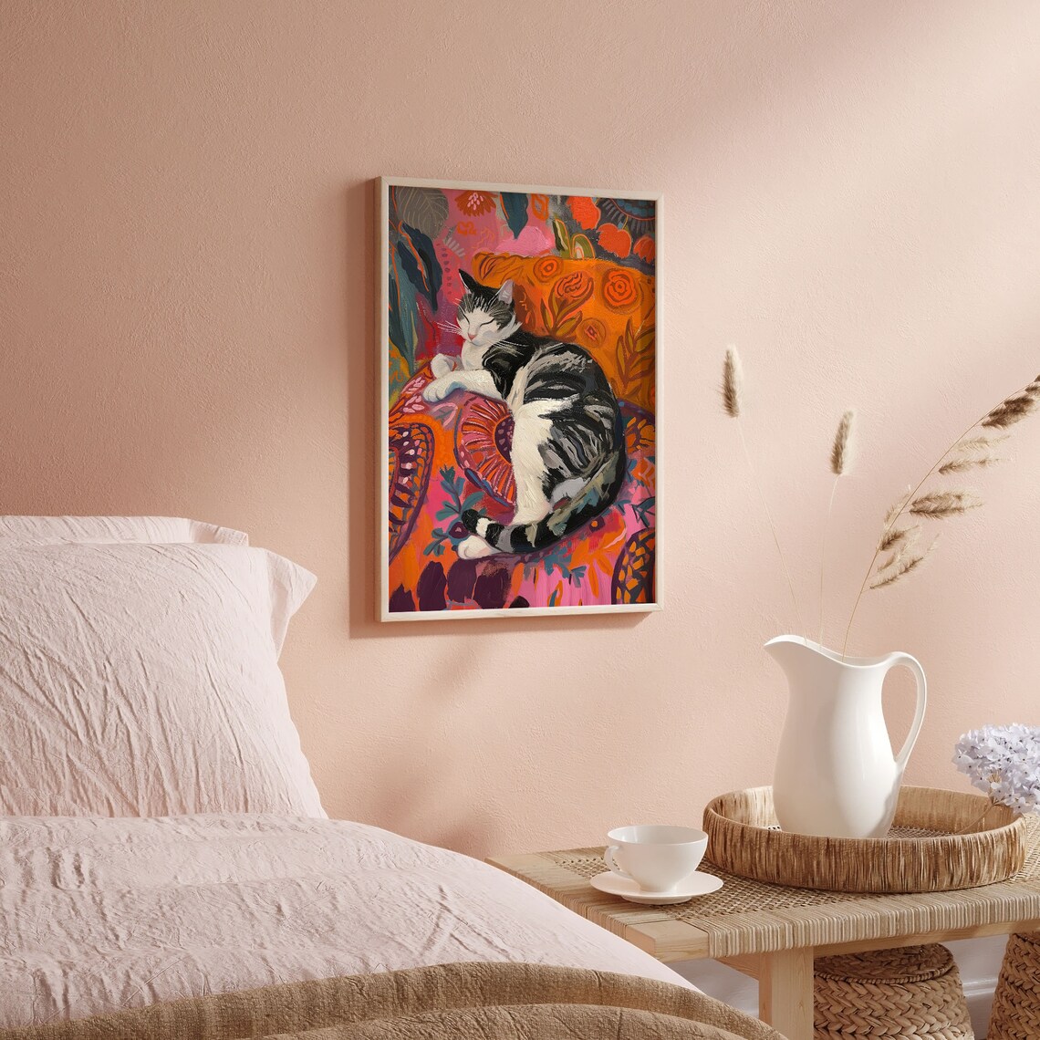 Sleeping Cat Oil Painting Colorful Floral Moroccan Style Cat Poster - Image 4