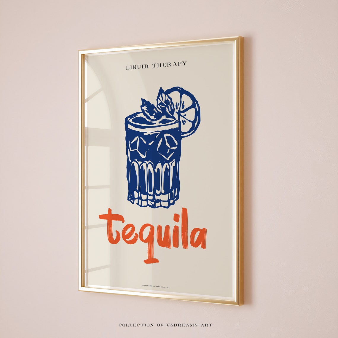 Liquid Therapy Tequila Retro Blue Cocktail Glass Orange Script Poster