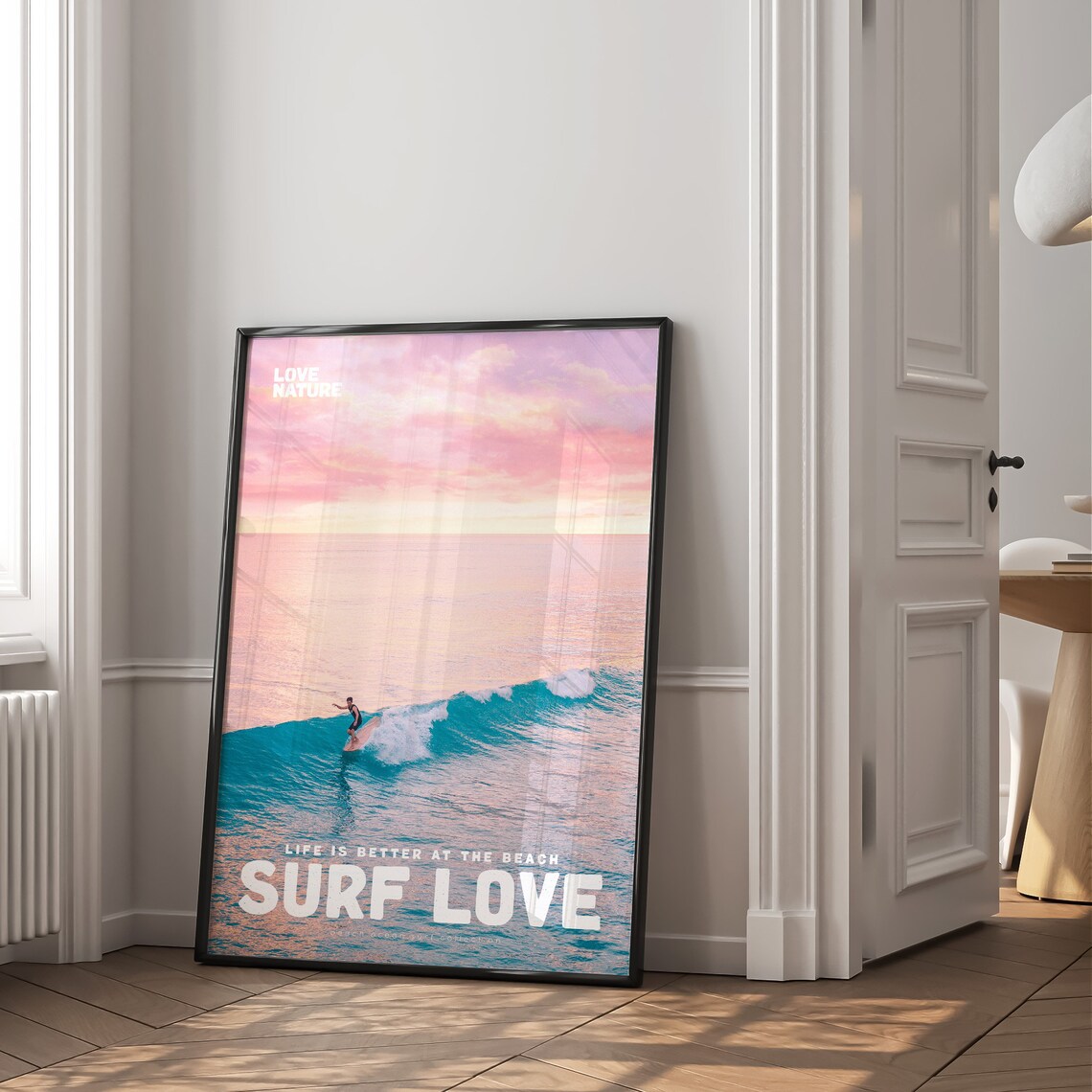 Surf Love Pink Sky Surfer Riding Turquoise Wave Ocean Photo Poster - Image 2