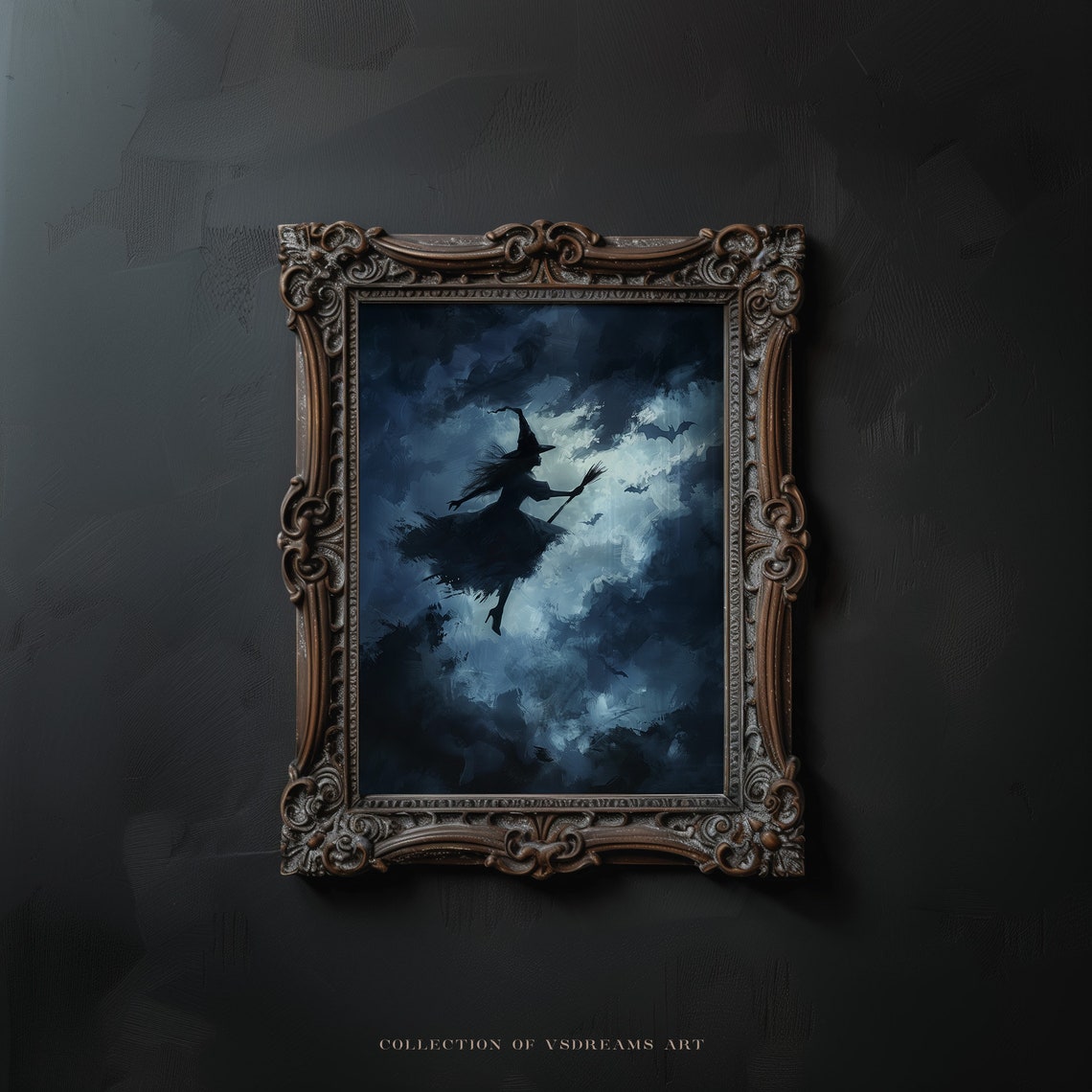 Witch Flying Broom Stormy Clouds Bats Halloween Night Art Poster - Image 3