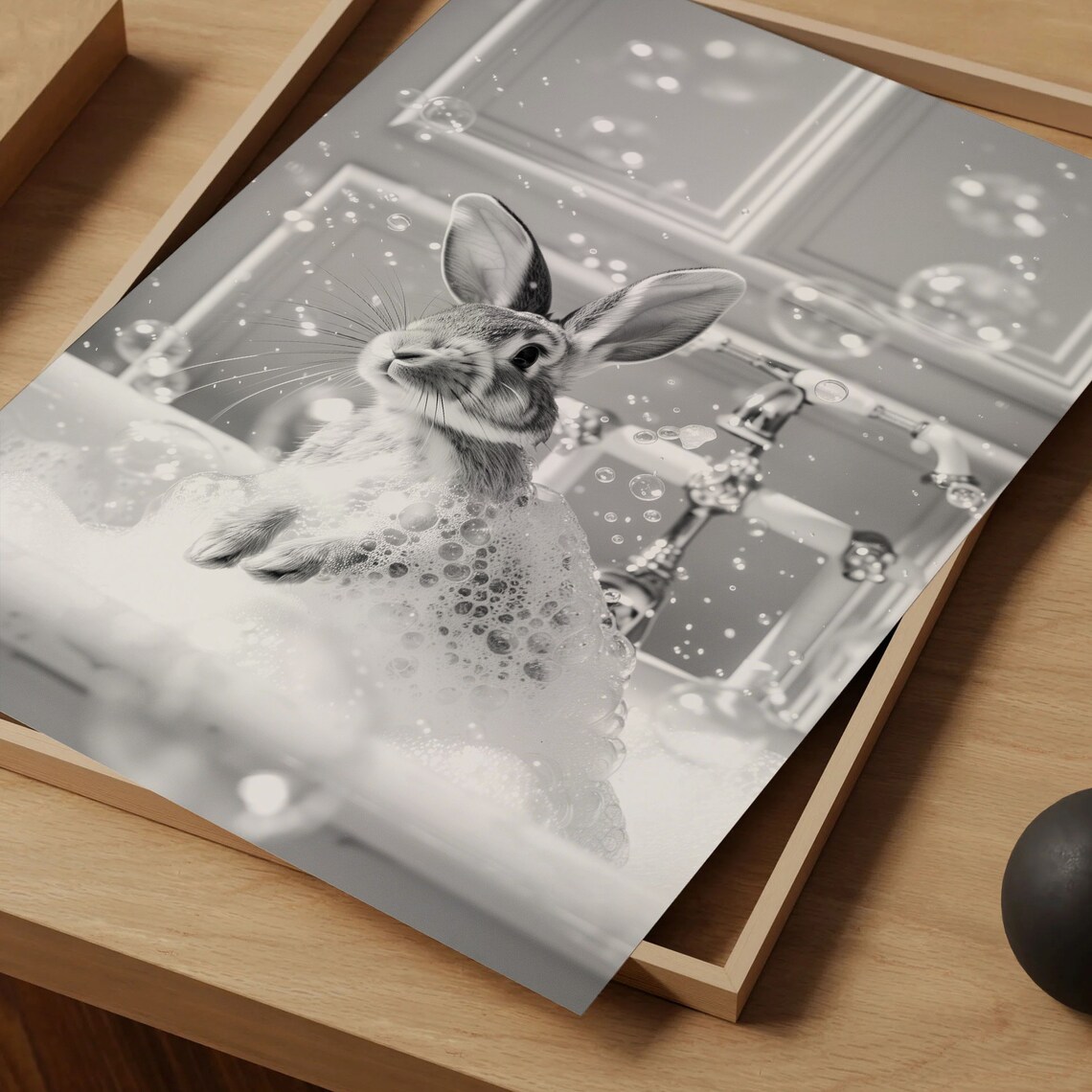 Black and White Rabbit Bubble Bath Monochrome Bunny Bathroom Art Poster - Image 5