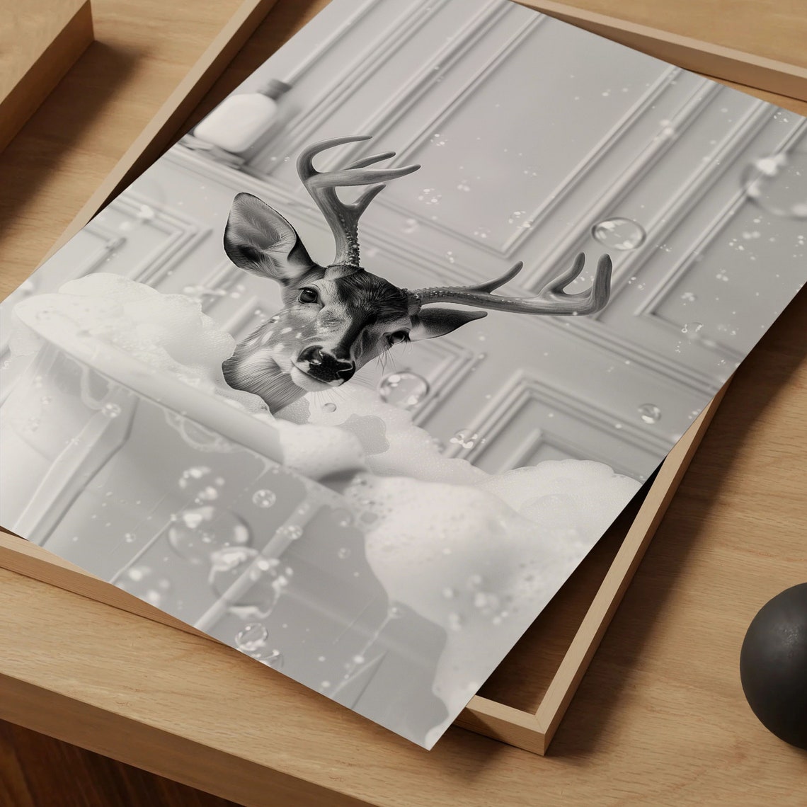 Black and White Deer Buck Bubble Bath Monochrome Bathroom Art Poster - Image 5