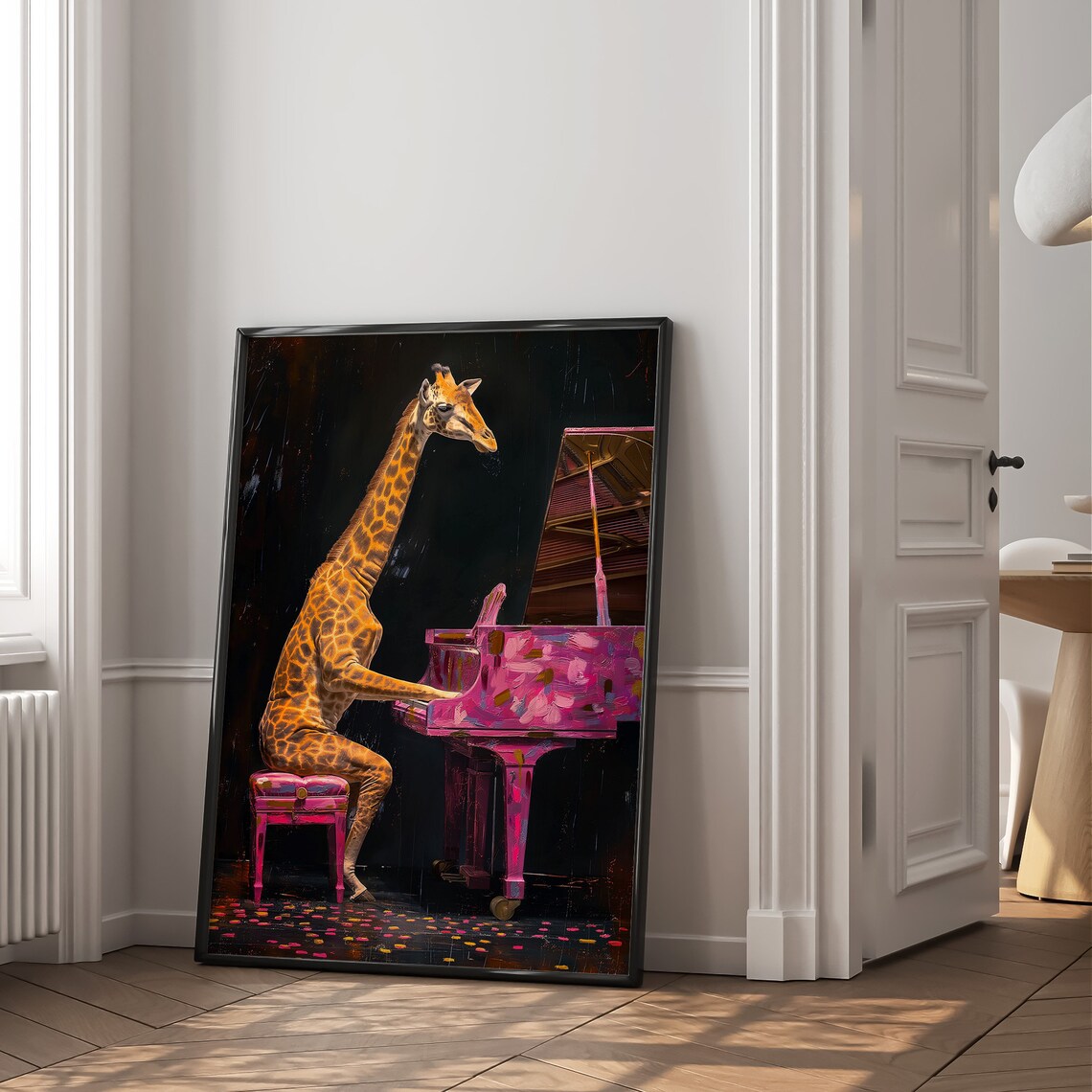 Giraffe Playing Pink Grand Piano Neon Splash Whimsical Music Art Poster - Image 2