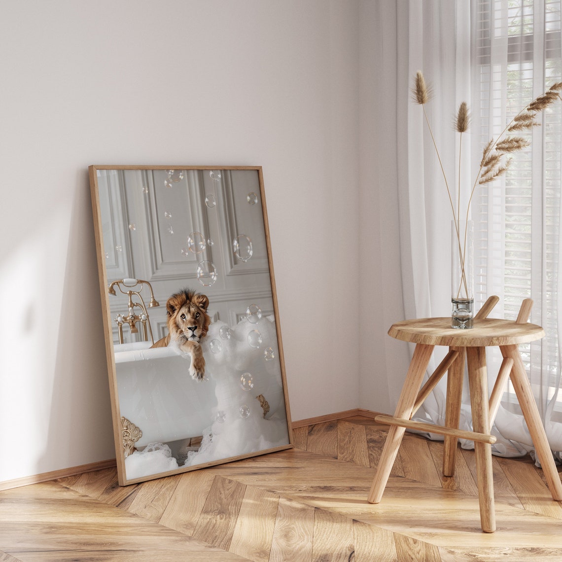 Lion Lounging in a Foamy Bubble Bath Colorful Bathroom Poster - Image 3