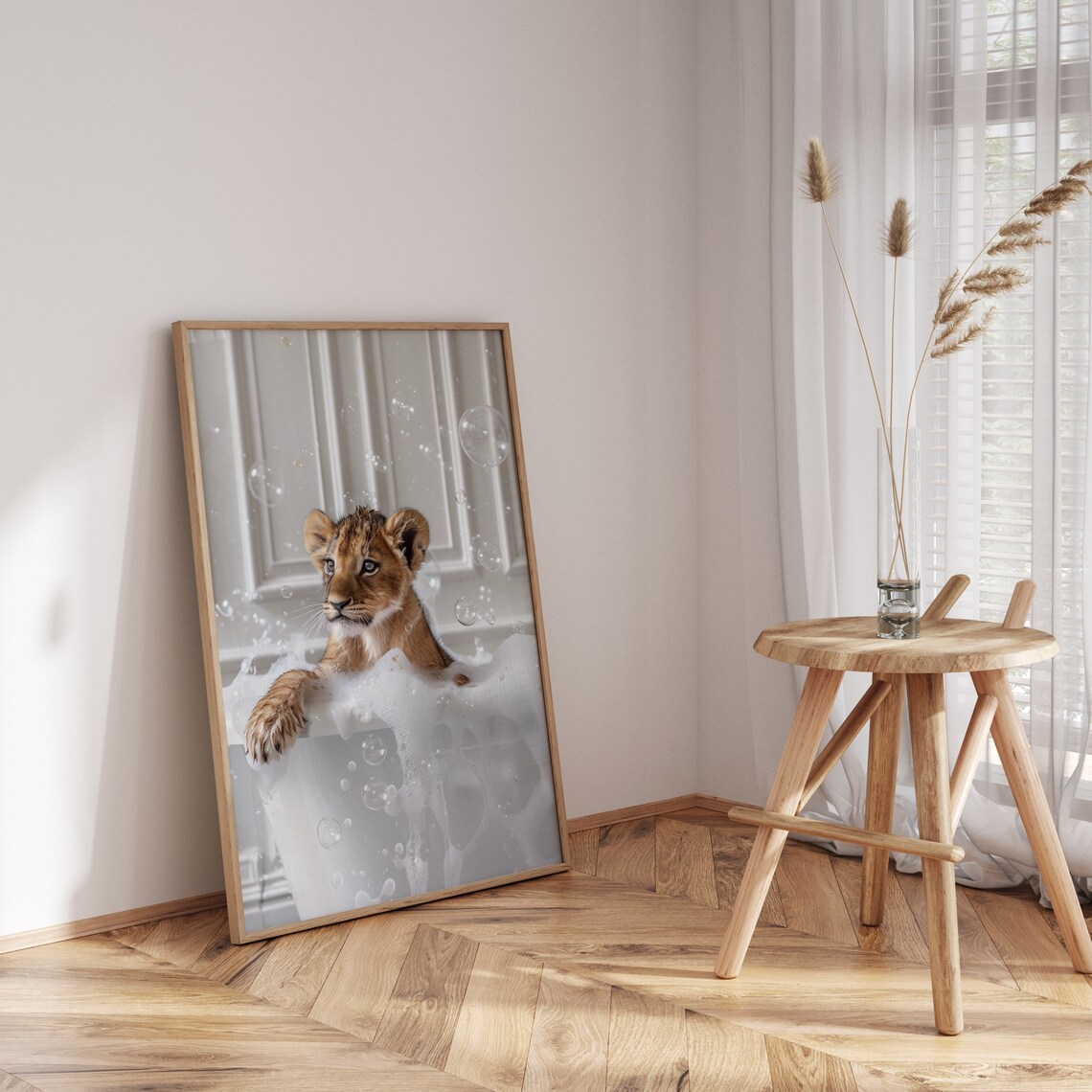 Baby Lion Cub Bubble Bath Cute Golden Frame Bathroom Animal Art Poster - Image 4