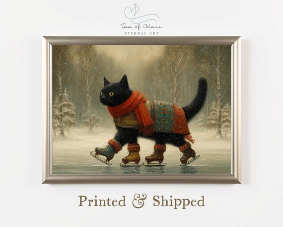 Black Cat Ice Skating Four Skates Folk Winter Oil Painting Art Print