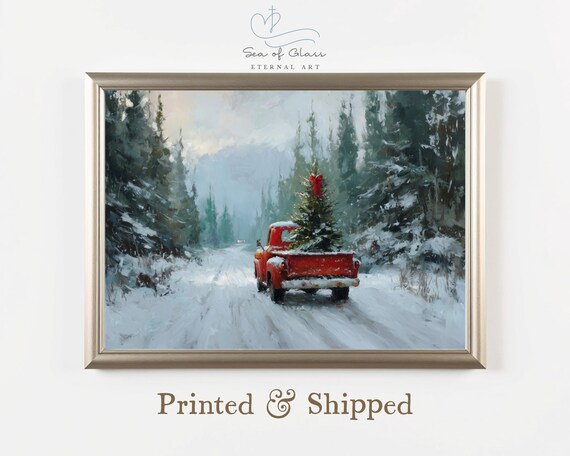Red Vintage Truck Christmas Tree Snowy Pine Forest Road Art Poster