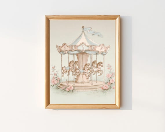 Vintage Carousel Horse Art Print Pastel Nursery Decor Storybook Baby Room Wall