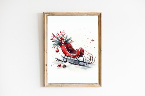 Red Santa Sleigh Watercolor Christmas Holiday Vintage Decor Poster