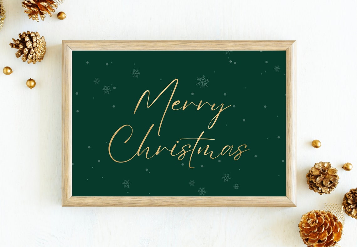 Merry Christmas Gold Script Dark Green Snowflake Holiday Poster - Image 2