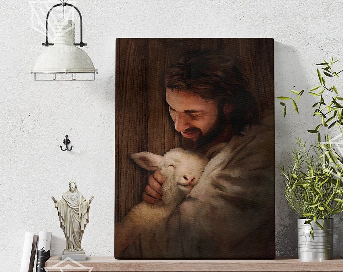 Jesus Tenderly Holding a Lamb Good Shepherd Warm Painting Poster