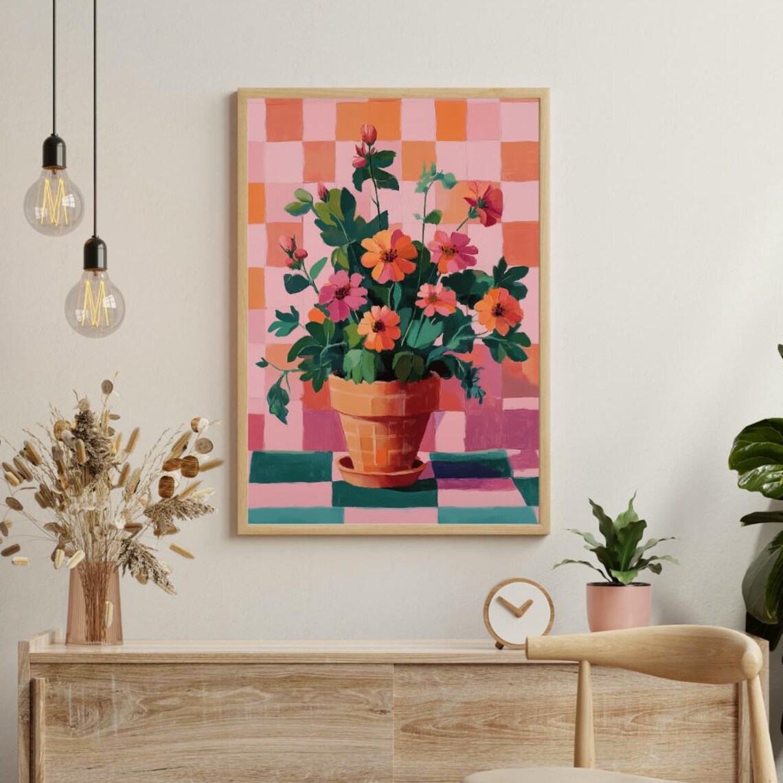 Potted Bright Blooms Terracotta Pot Pink Checkerboard Floral Poster