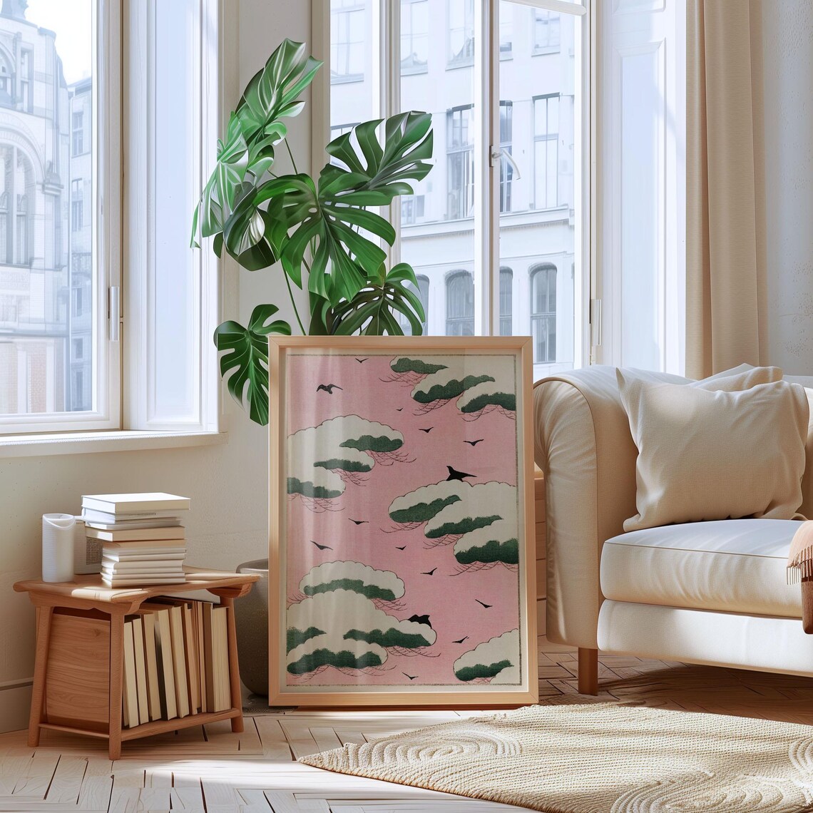 Vintage Japanese Pink Sky Pine Trees Birds Woodblock Style Poster - Image 4