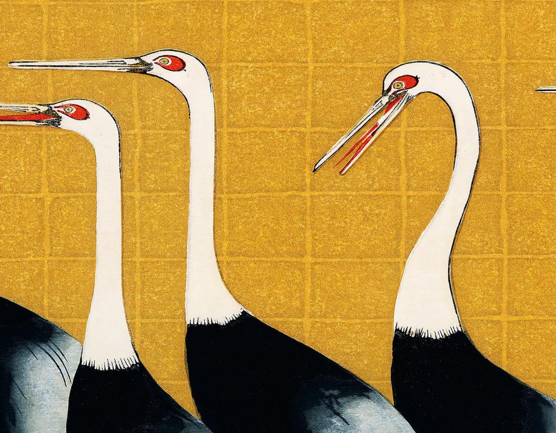 Six Red Crowned Cranes Japanese Gold Background Bird Art Print - Image 2