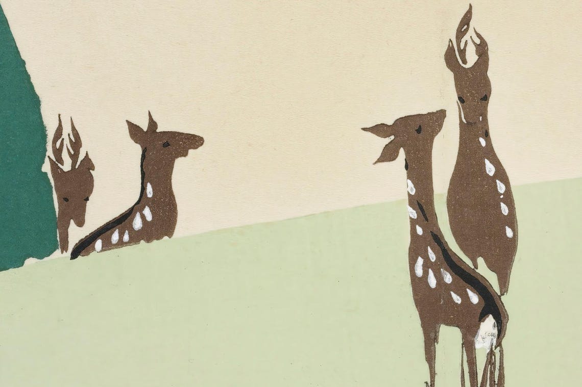 Minimalist Deer Family In Green Hills Modern Landscape Wall Art - Image 2
