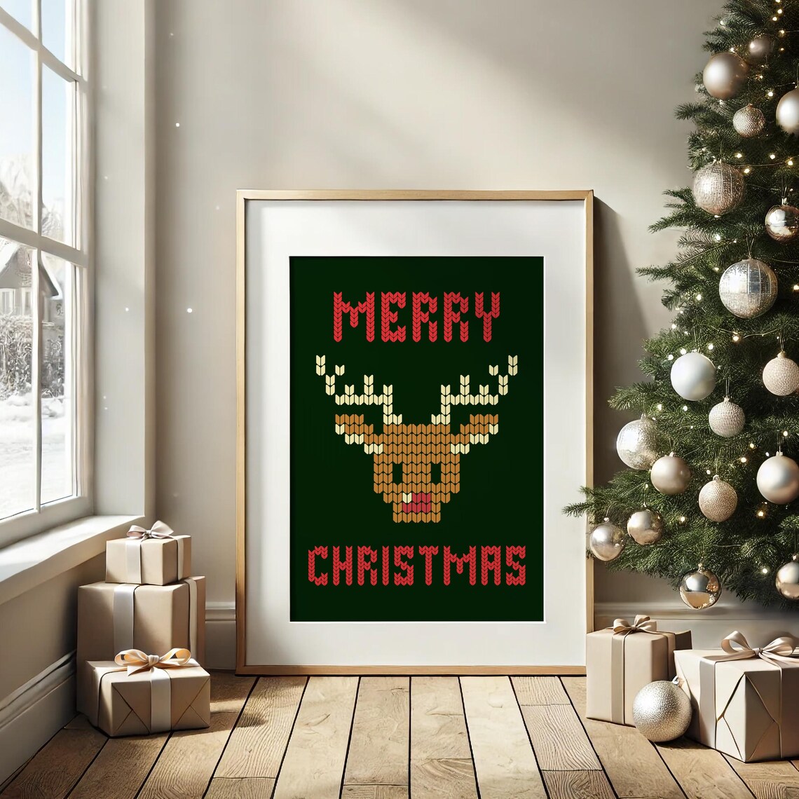 Merry Christmas Knit Reindeer Sweater Style Festive Holiday Poster - Image 4