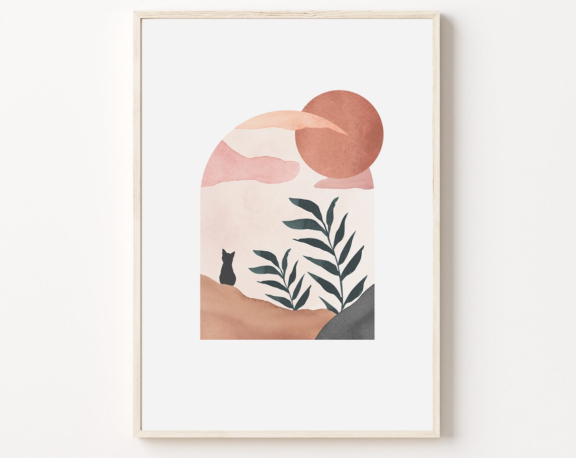 Landscape With Cat Art Print, Mid-Century Boho Decor