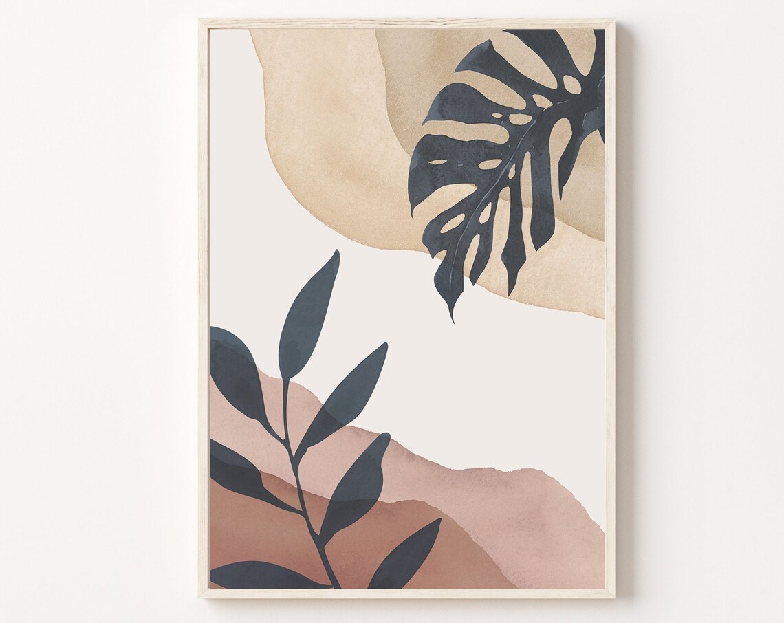 Navy Monstera Botanical Abstract Leaves Watercolor Art Poster
