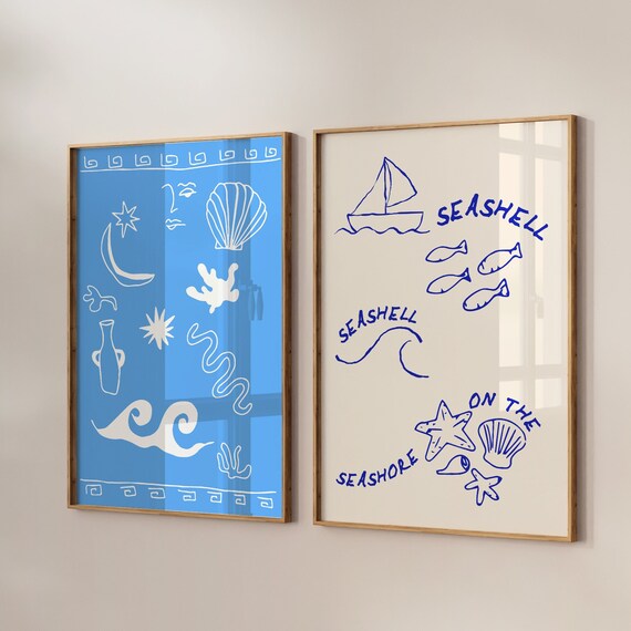 Beach Wall Art Set Of Prints Trendy Blue Beach Decor Cute Coastal Wall Art Aesthetic Home Decor Vintage Beachy Art Prints Prints