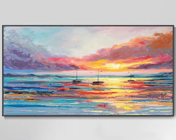 Vibrant Sunset Seascape Sailboats Ocean Reflections Oil Painting Poster