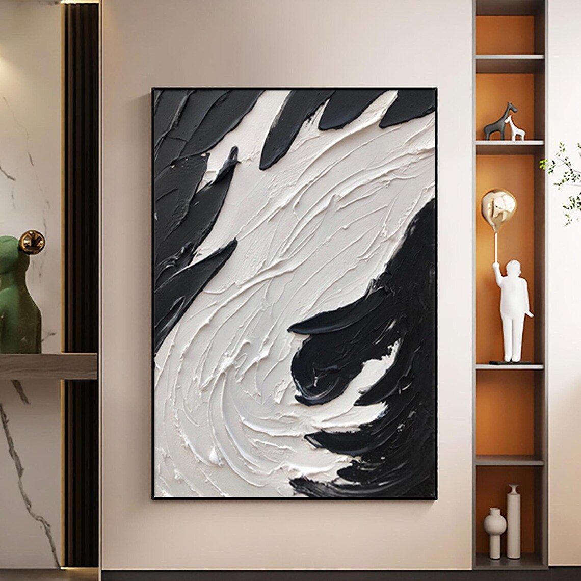 Black And White Swirl Abstract Textured Yin Yang Oil Painting Poster