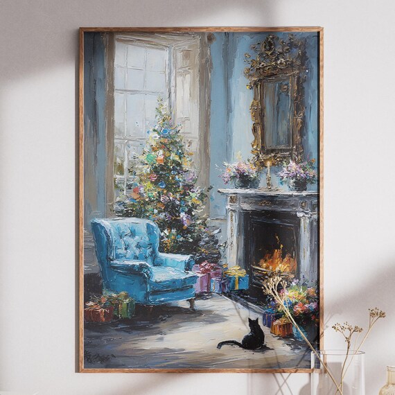 Cozy Christmas Living Room Blue Armchair Fireplace Cat Holiday Print
