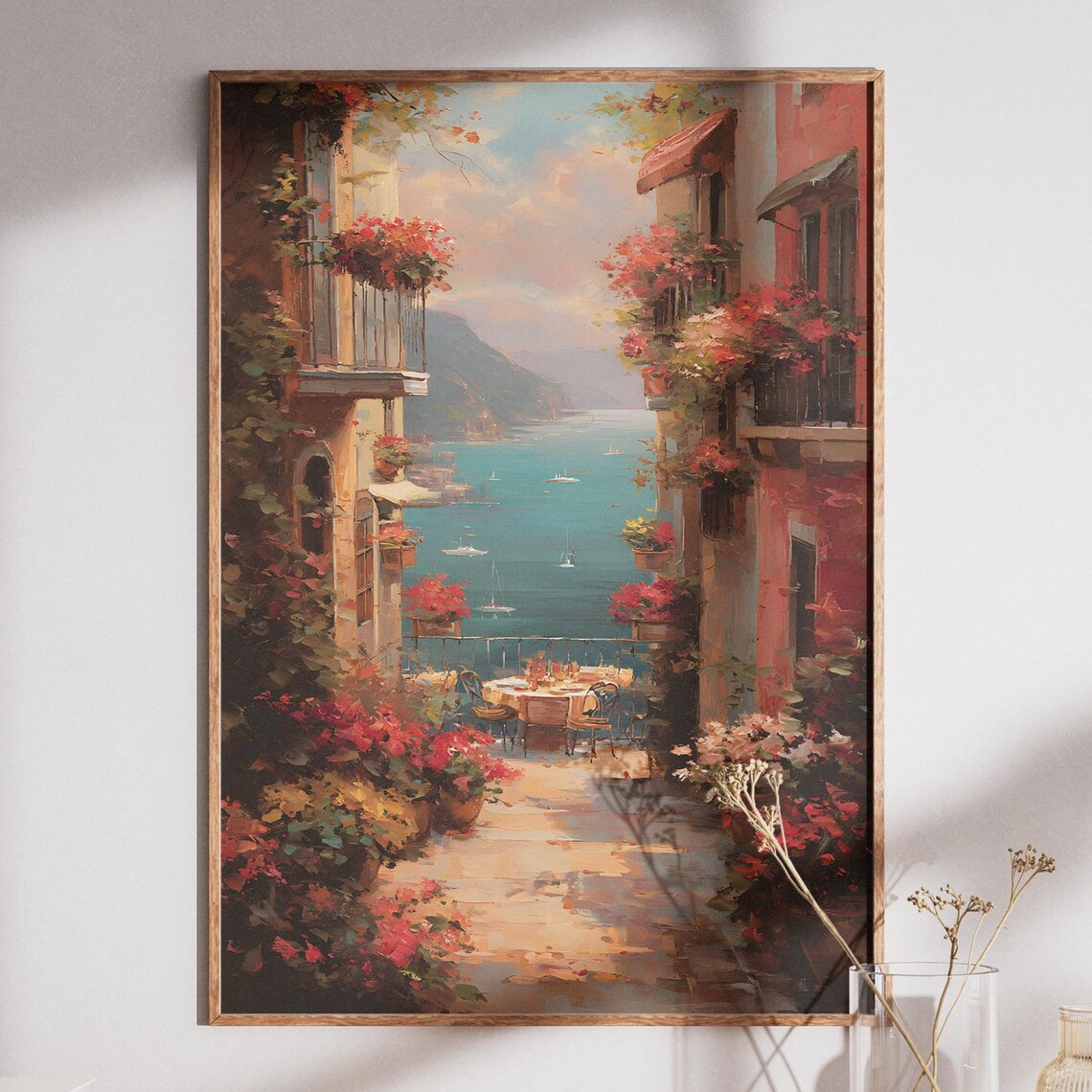 Mediterranean Coastal Old Town Harbor Red Roofs Seascape Poster