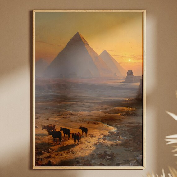 Giza Pyramids Sunset Art Print, Egypt Landscape