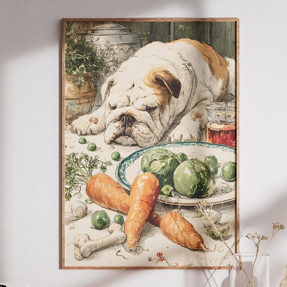 Bulldog Art Print Funny Dog Wall Disgruntled Pet Painting Vegetable Hater Decor Kitchen