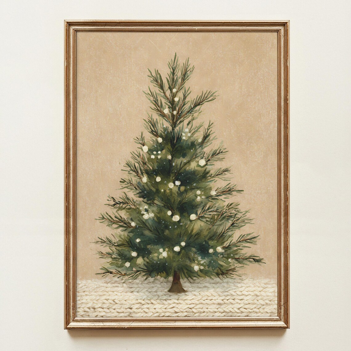 Christmas Tree Watercolor White Berries Cozy Winter Decor Art Print
