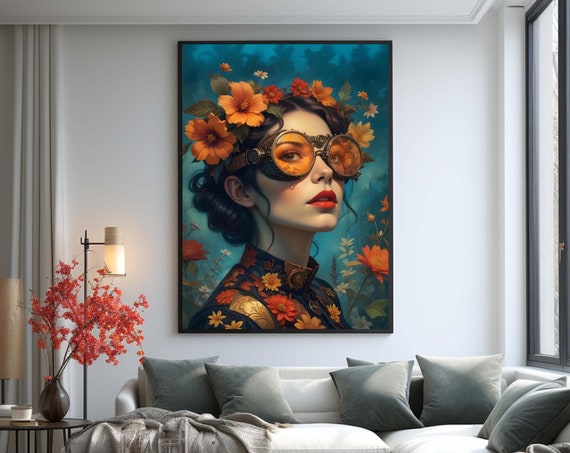 Floral Woman Portrait Canvas Surreal Female Face With Blooming Garden Teal Blue Background Contemporary Botanical Wall Art Print
