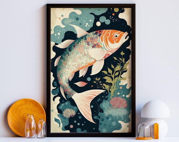 Colorful Koi Fish Lotus Blossoms Japanese Style Aquatic Poster