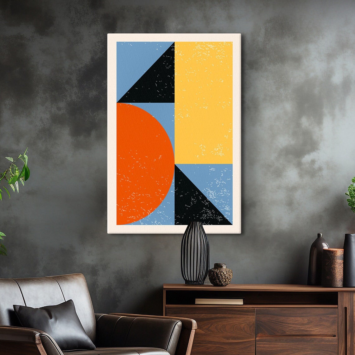 Retro Geometric Shapes Orange Sun Blue Black Abstract Poster
