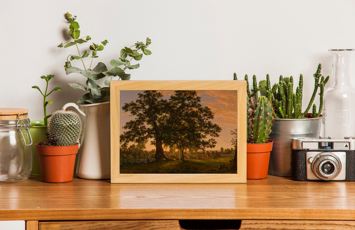 Grand Oak Tree At Sunset Farmhouse Vintage Landscape Painting Poster - Image 2