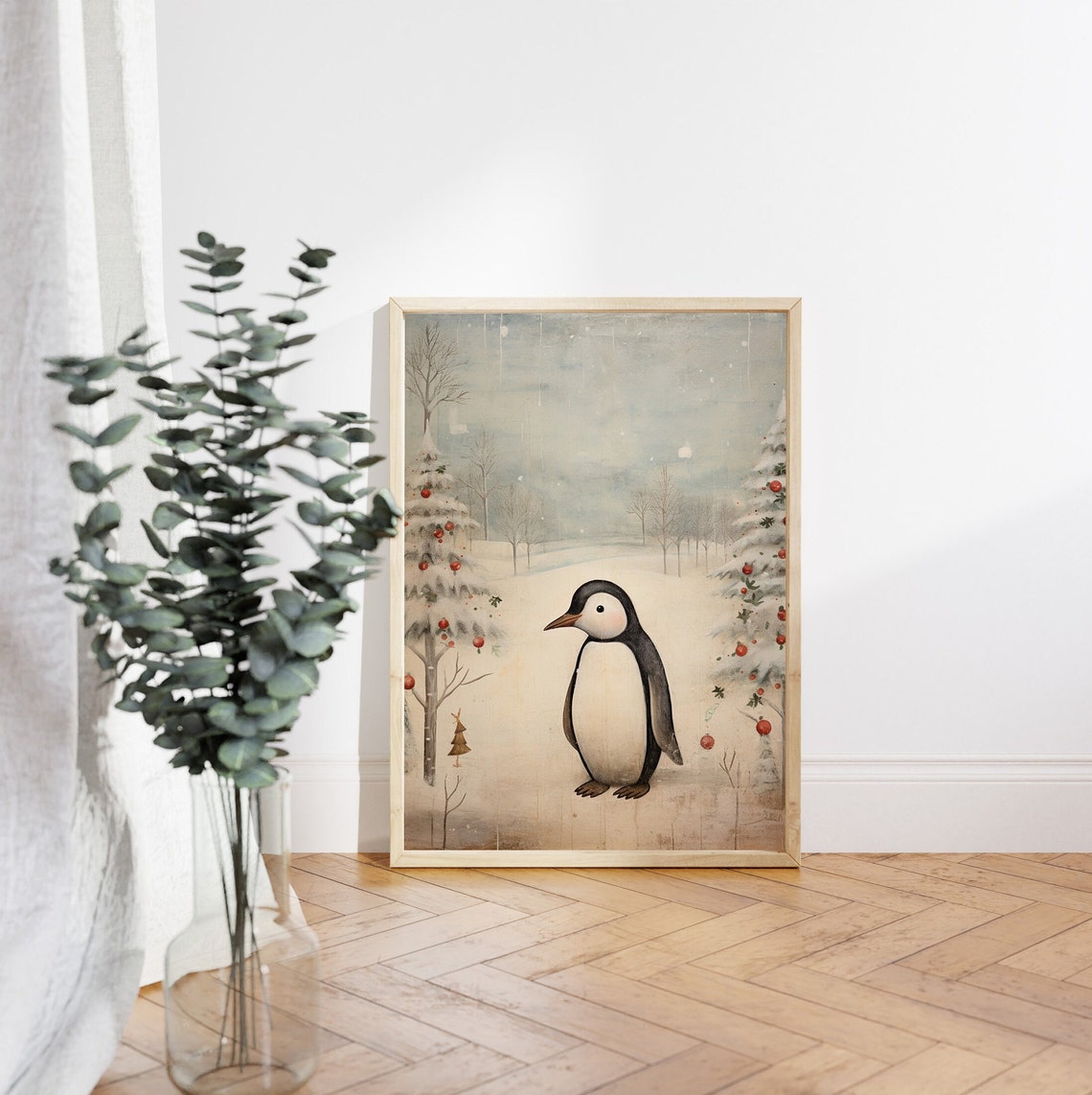 Cute Penguin among Snowy Berry Trees Vintage Winter Scene Poster - Image 4