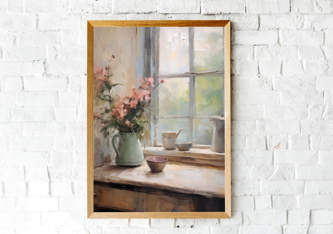 Flowers By The Window Neutral Still Life Painting Pink Flowers Vase Art Moody Floral Print Pink Flowers Still Life Print Art - Image 2