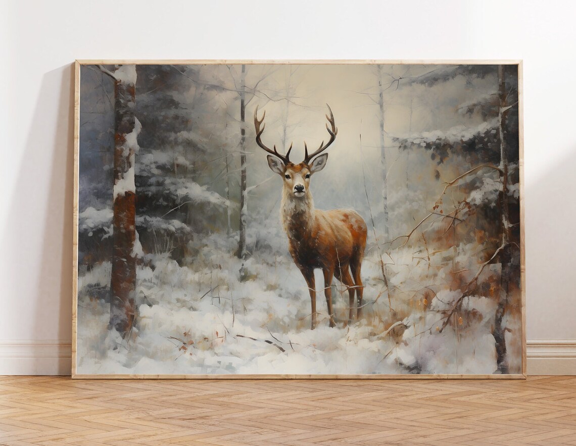 Stag in Snowy Pine Forest Gazing at Viewer Winter Wildlife Poster
