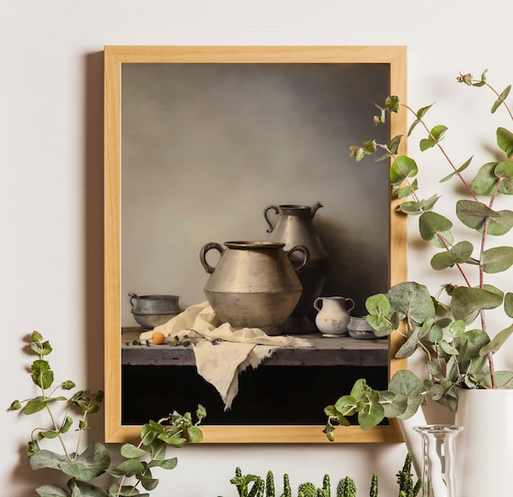 Rustic Pottery Vessels Earth Tone Still Life Kitchen Wall Art