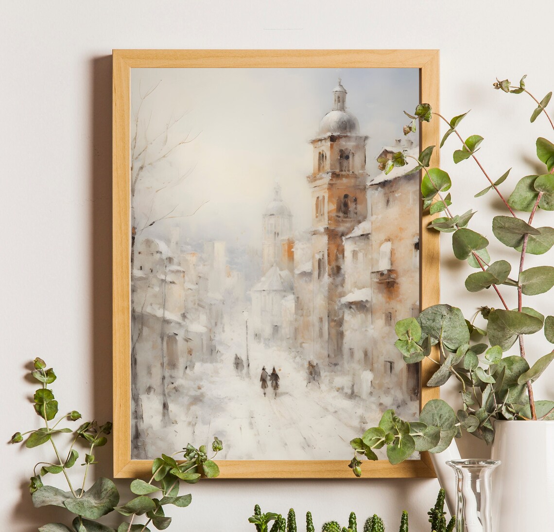 Snowy Old Town Street with Church Towers in Soft Winter Oil Poster
