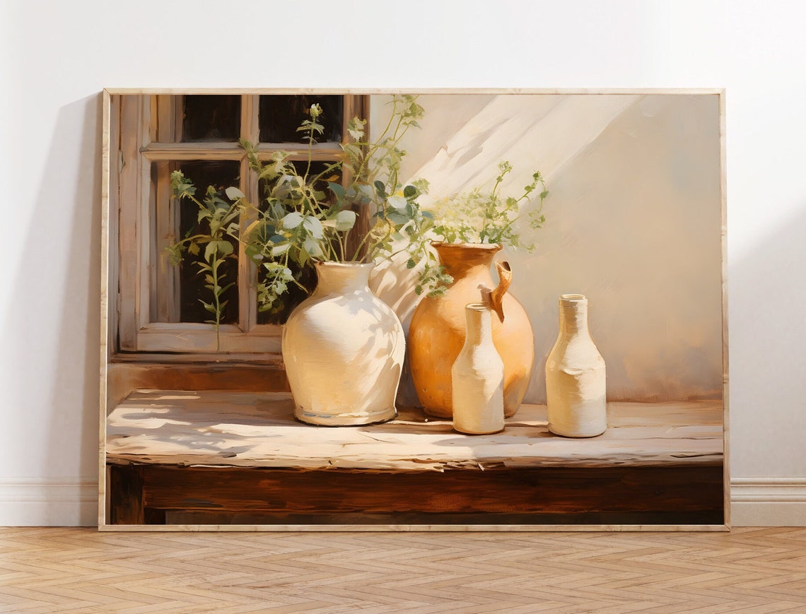 Sunlit Window with Terracotta Vases Cottage Kitchen Wall Art
