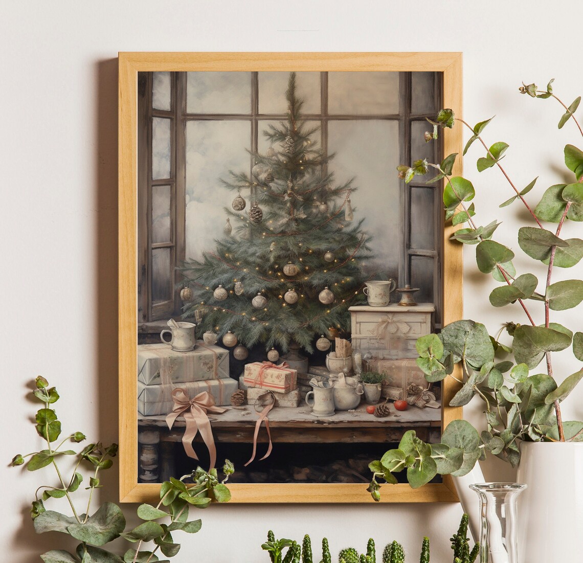 Christmas Tree by Tall Windows Neutral Holiday Still Life Poster