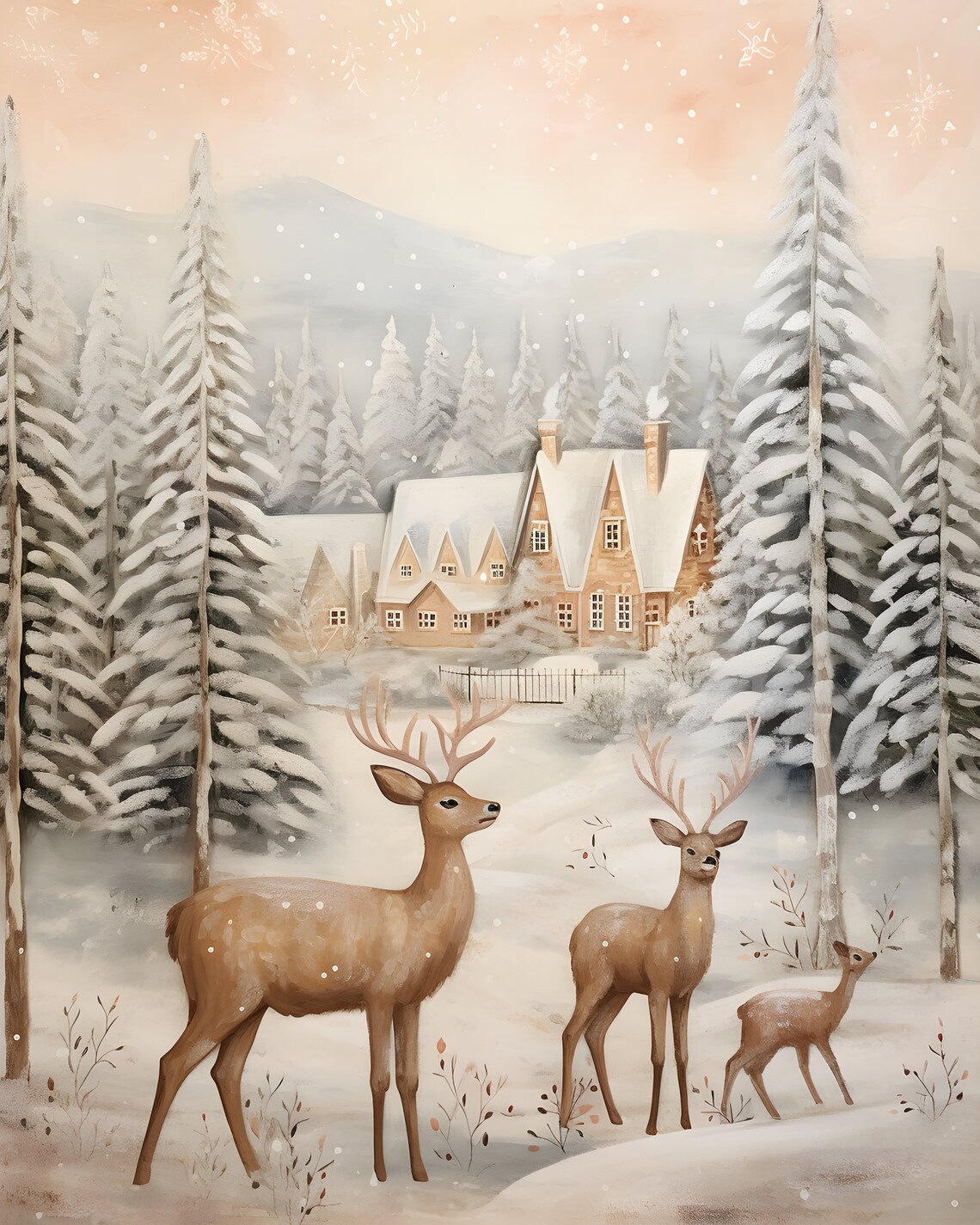 Three Deer in Snowy Pine Forest with Chalet at Pink Sunrise Poster - Image 6