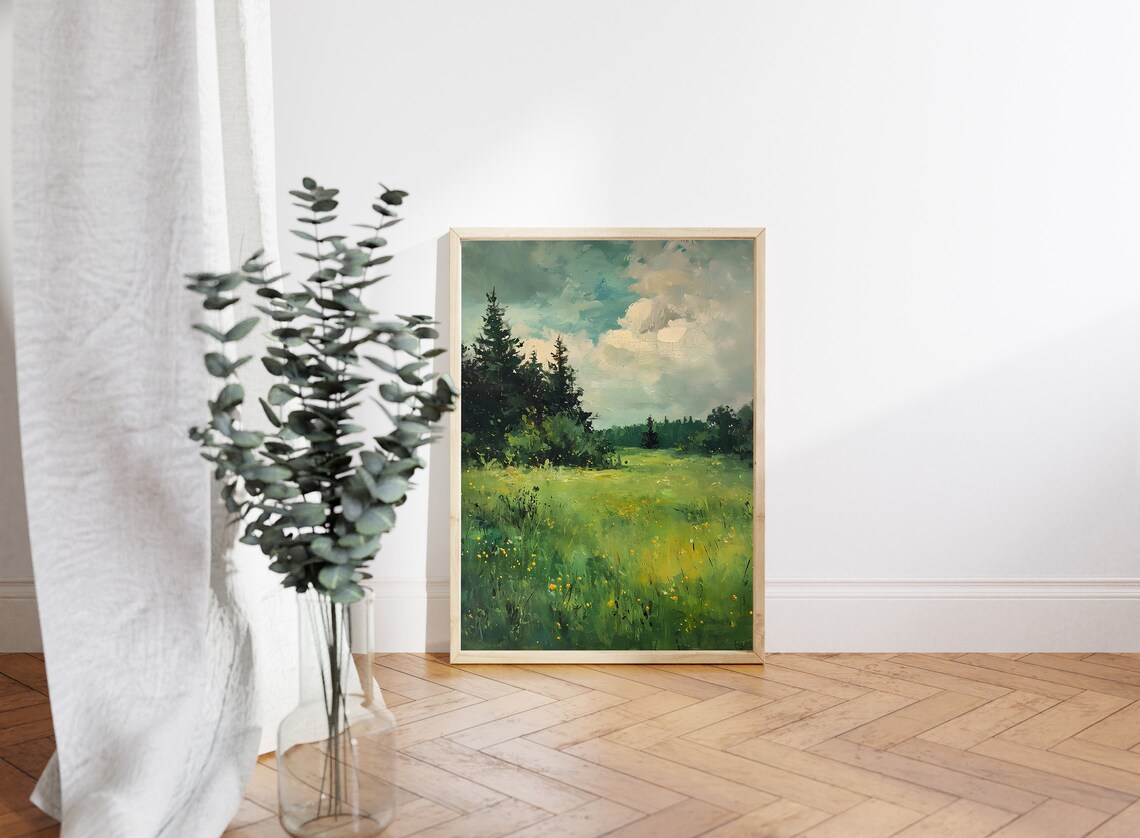 Wildflower Landscape Painting Meadow Pines Cloudy Sky Spring Art Poster - Image 4